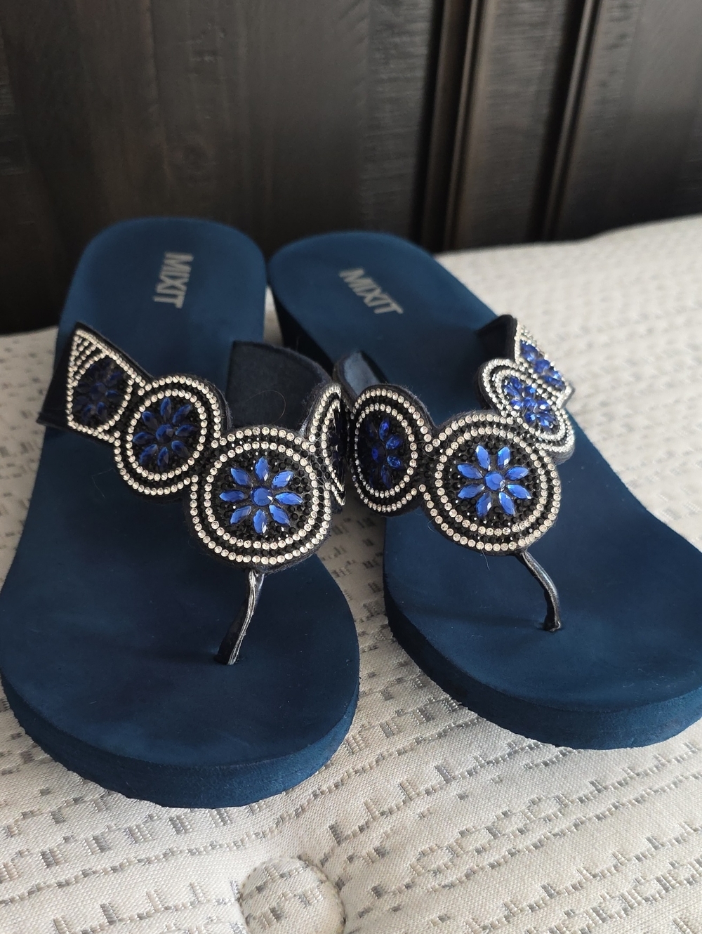 Mixit Navy Blue Beaded Thong Sandals With Heel